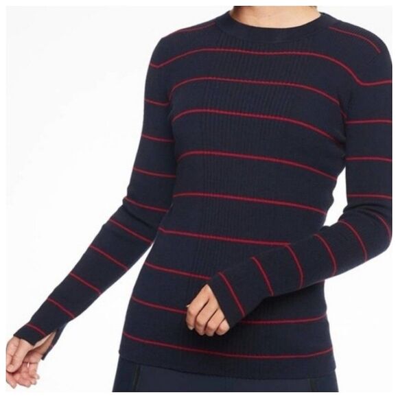 Athleta Sweaters - Athleta Crewneck Bayside Ribbed Sweater Top Sz L Blue Striped Merino Wool Blend